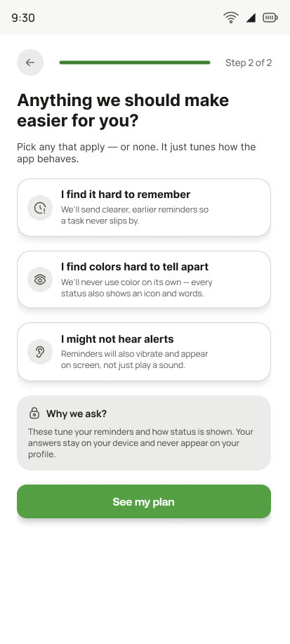 Onboarding step 2 of 2: Anything we should make easier for you, with optional accessibility preferences